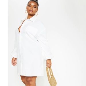 Plus size white oversized puff sleeve shirt dress